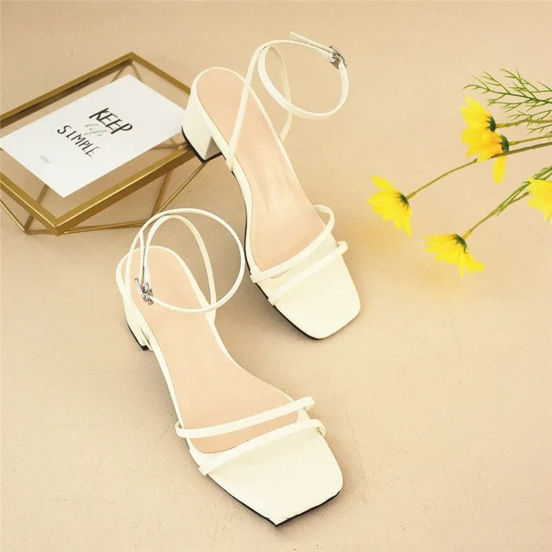 Women's beige square toe stiletto sandals with chunky heel and ankle buckle