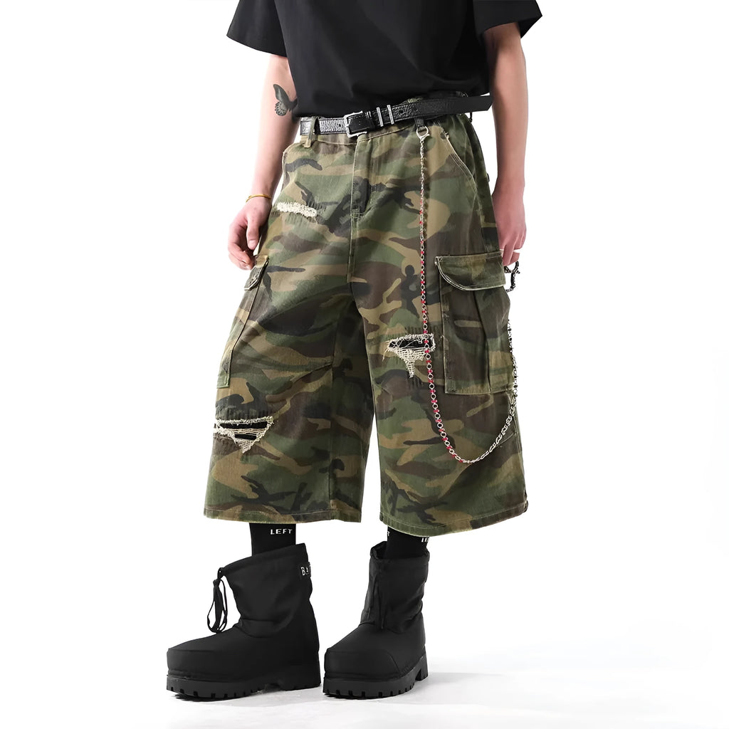 Men's straight leg cropped trousers with retro camouflage pattern in cotton denim fabric
