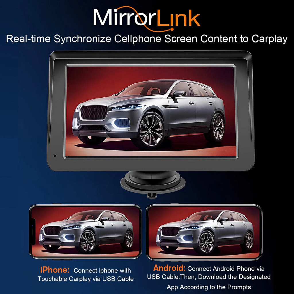 Portable car stereo with 7-inch touchscreen showing CarPlay interface, plastic body, and AUX cable