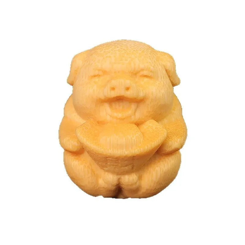 Solid bamboo carved pig ornament with traditional Chinese carving techniques measuring 4cm height