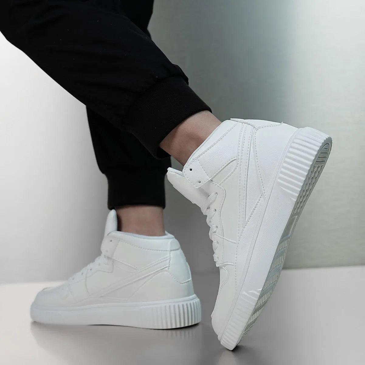 White men's casual microfiber shoes with a round toe, shown on a plain background.