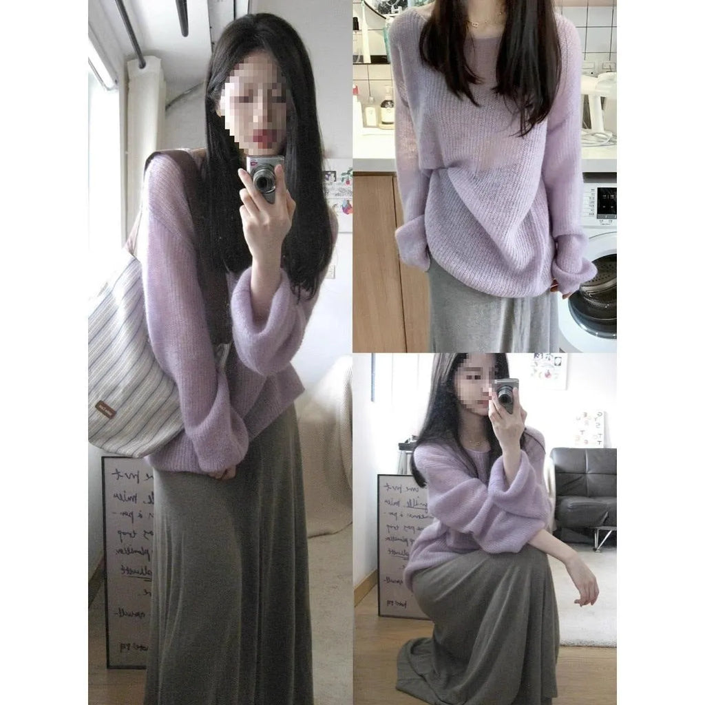 Purple women's hollow out blouse with princess sleeves, made from Ice Silk fabric.