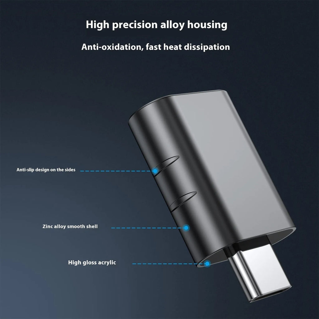 USB-C to USB-A adapter in metallic finish for data transfer and charging