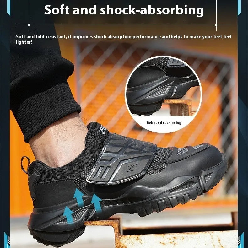 Black steel toe cap safety work shoes with felt buckle closure and lightweight EVA sole