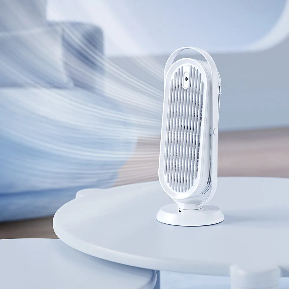 Desktop tower fan with humidifier spray function in white finish with USB cable and remote control