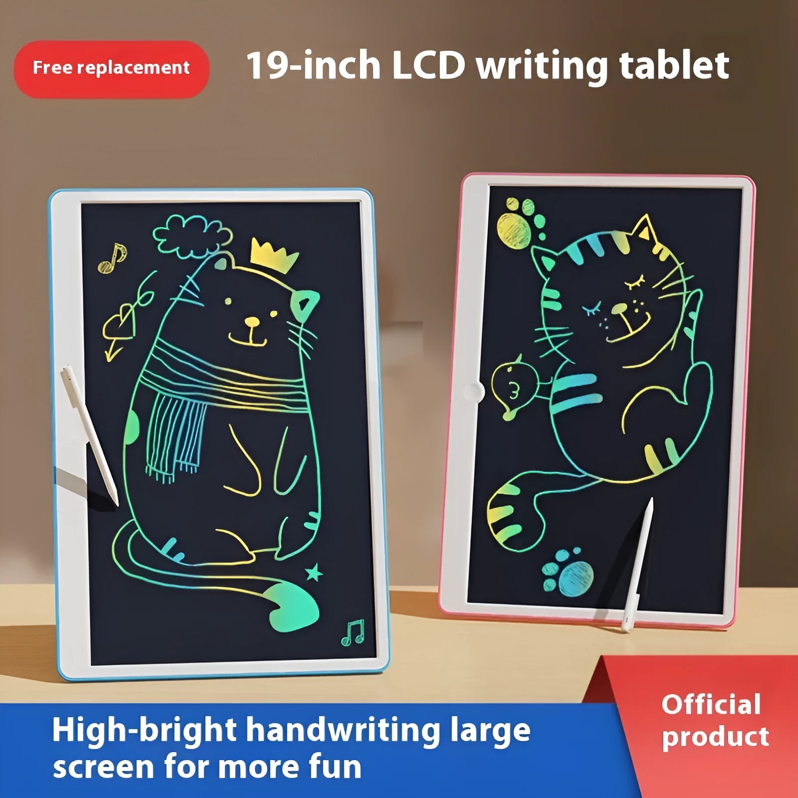 19-inch rechargeable LCD drawing board for children in blue and white colour.