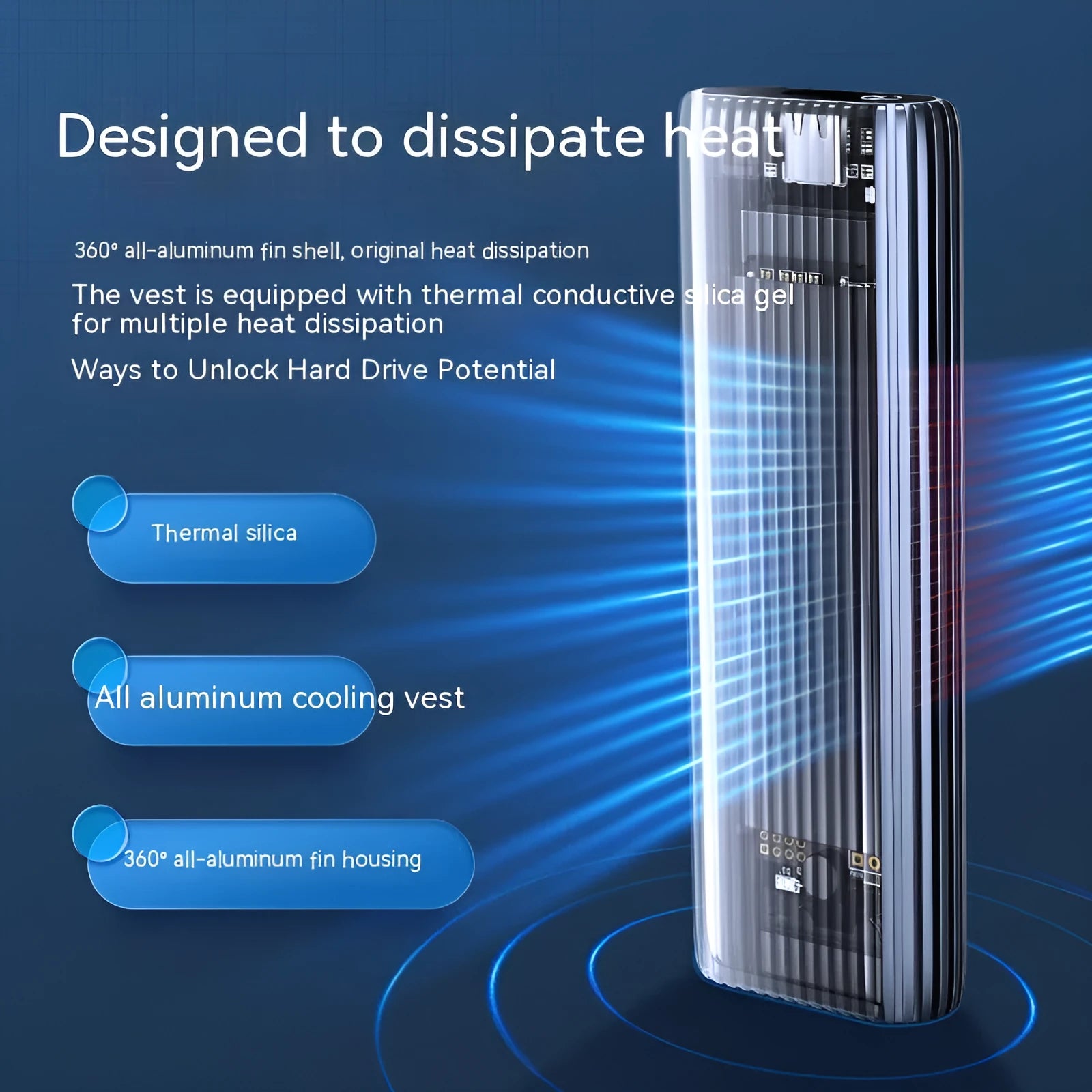 Aluminium M.2 SSD external enclosure with data cable and thermal accessories on a white background
