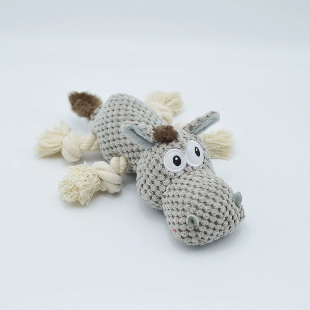 Grey donkey-shaped plush dog toy with squeaker and crinkle sound.