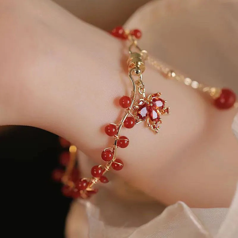 Red ginkgo leaf Chinese style magnetic bracelet with maple leaf girl design and electroplated alloy construction