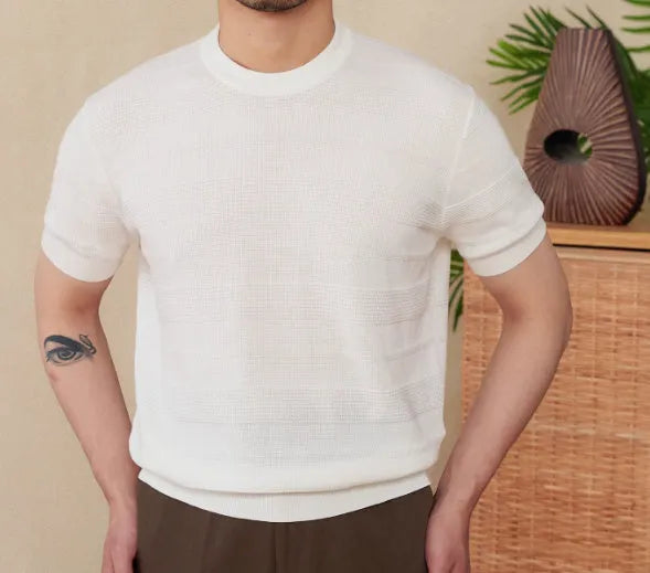 Men's casual cotton short sleeve t-shirt in off-white and royal blue colours showing round neck design