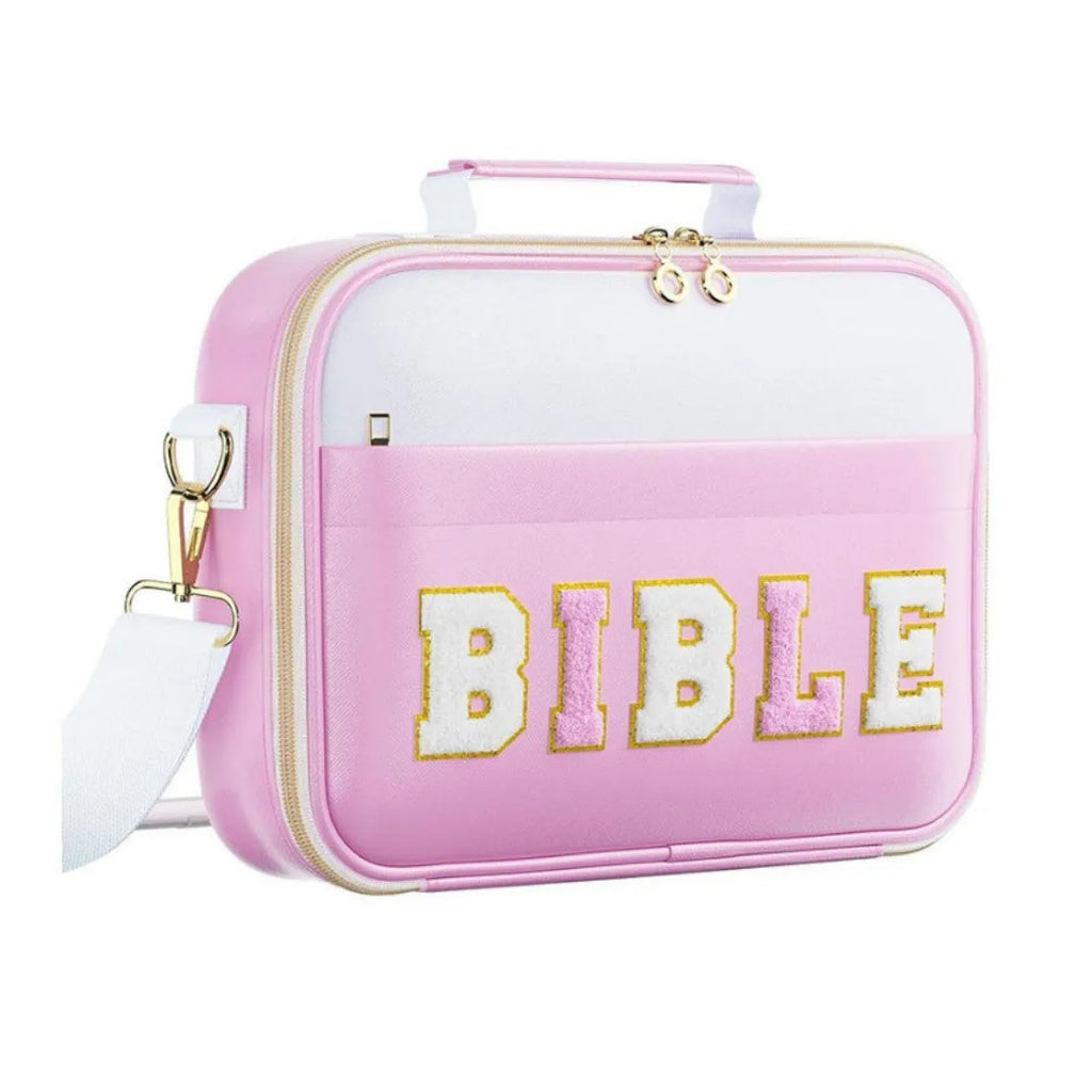 Light blue PU letter-print notebook storage bag measuring 30.5x23x6cm on a plain background