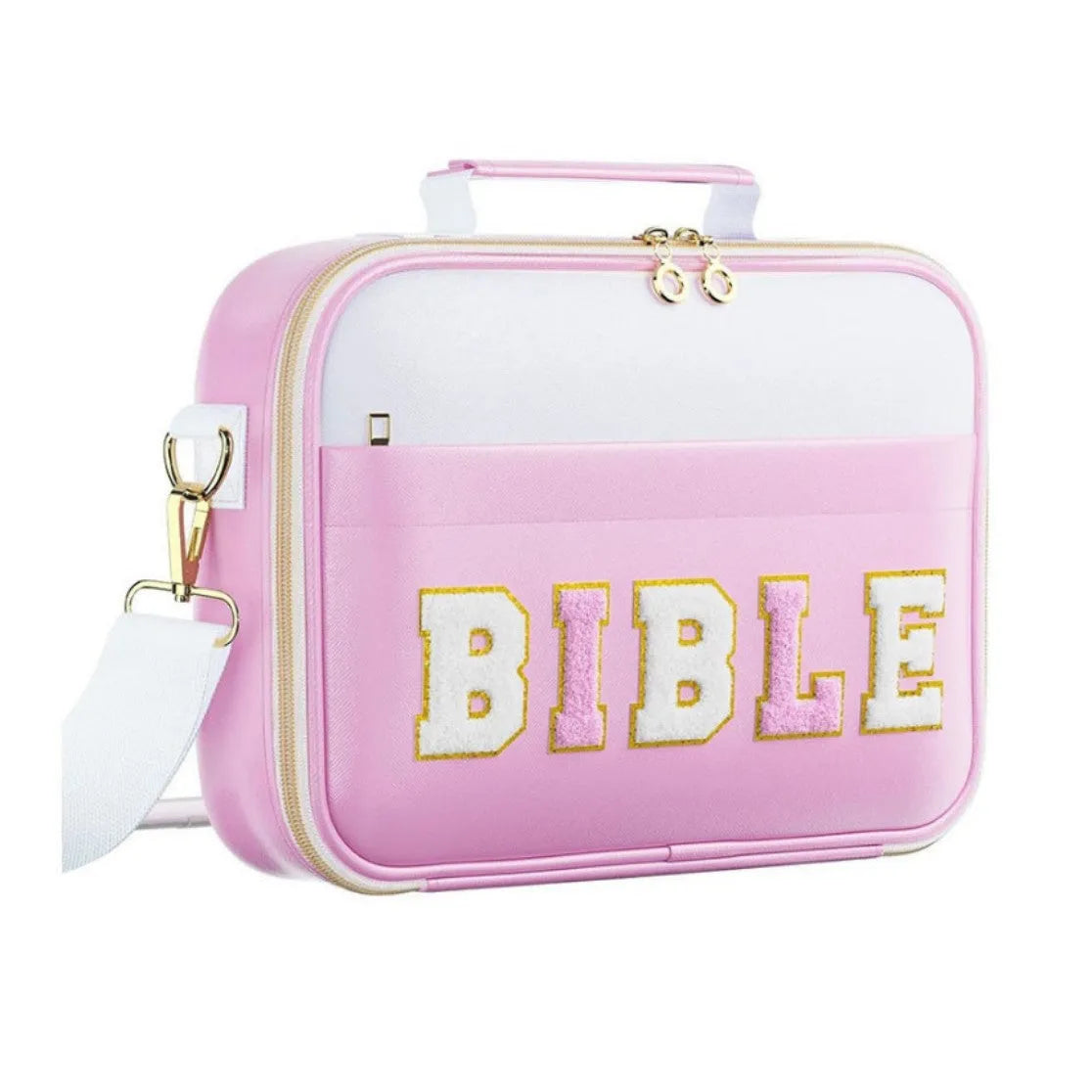 Light blue PU letter-print notebook storage bag measuring 30.5x23x6cm on a plain background