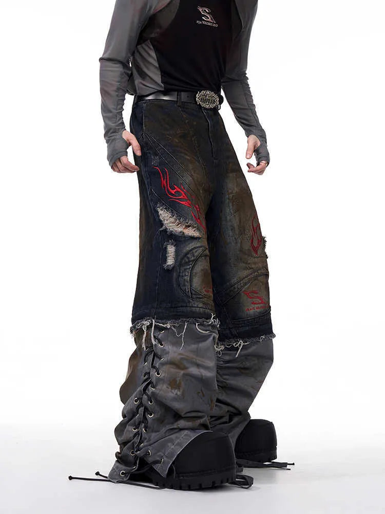 Men's retro jeans with detachable trouser legs showing wide leg denim design