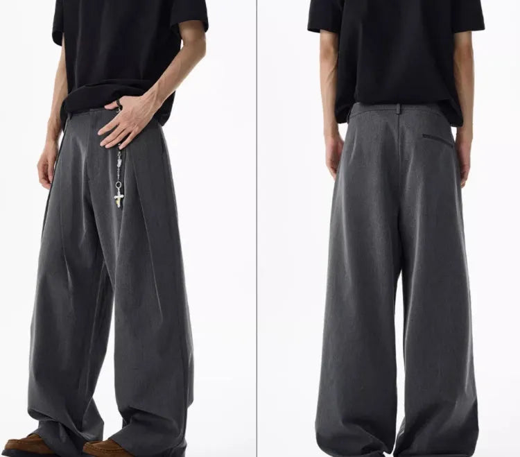 Double pleated profile suit pants for men and women – mid waist straight leg, non-ironing polyester, available in black and dark gray, sizes S to XL