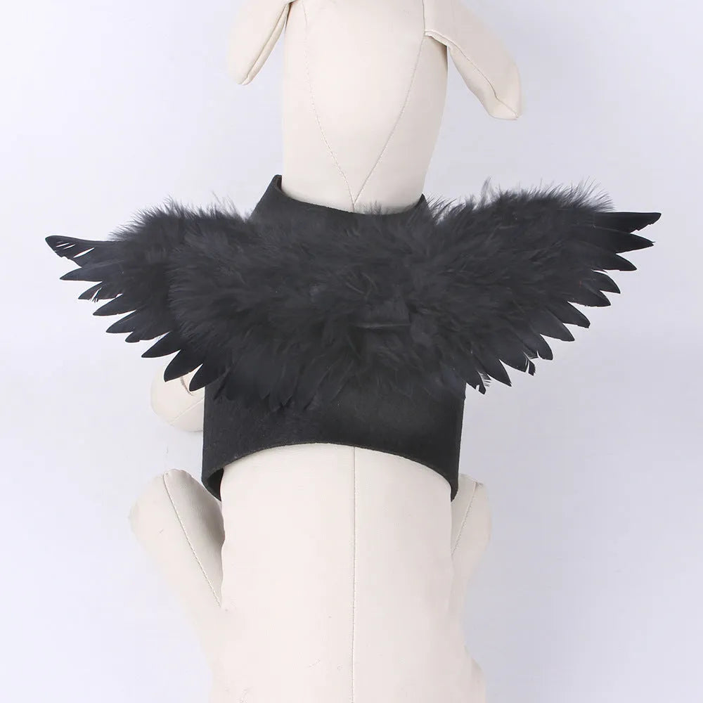 Black and white angel wings dog costume with chest-back harness design for Halloween