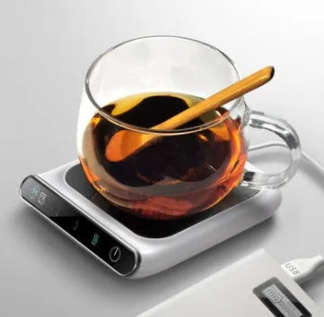 Black USB-powered coffee cup warmer with compact 118x132mm heating coaster design