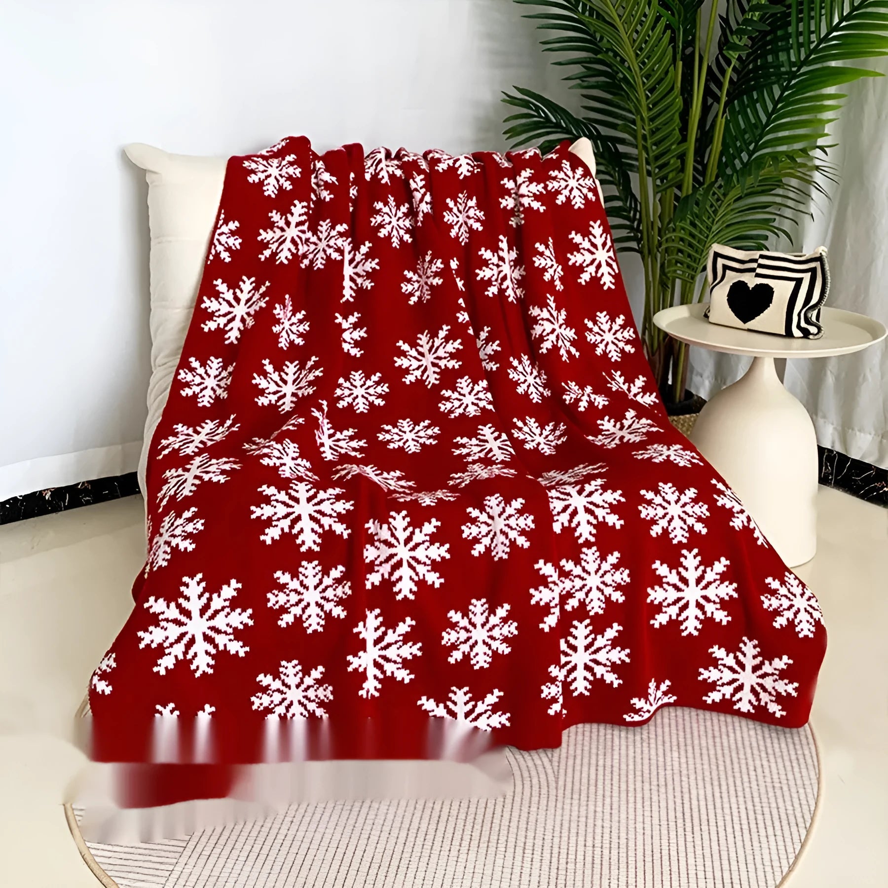 Personalised Christmas themed acrylic blanket with snowflake or reindeer pattern in two size options.