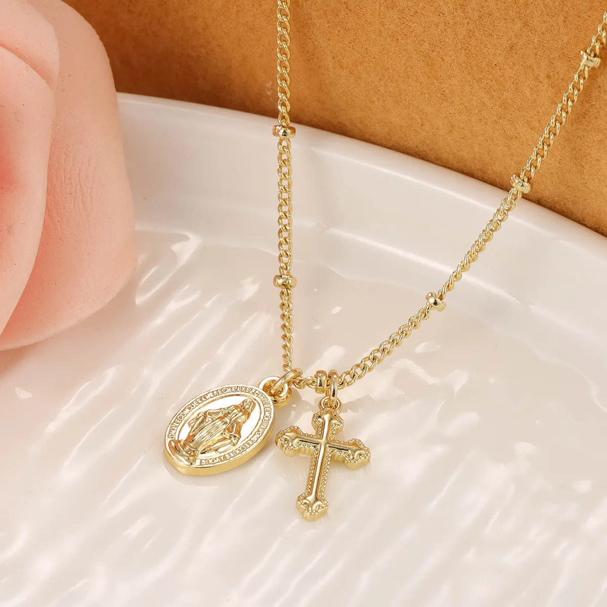 Gold geometric cross Virgin Mary necklace for women on copper chain