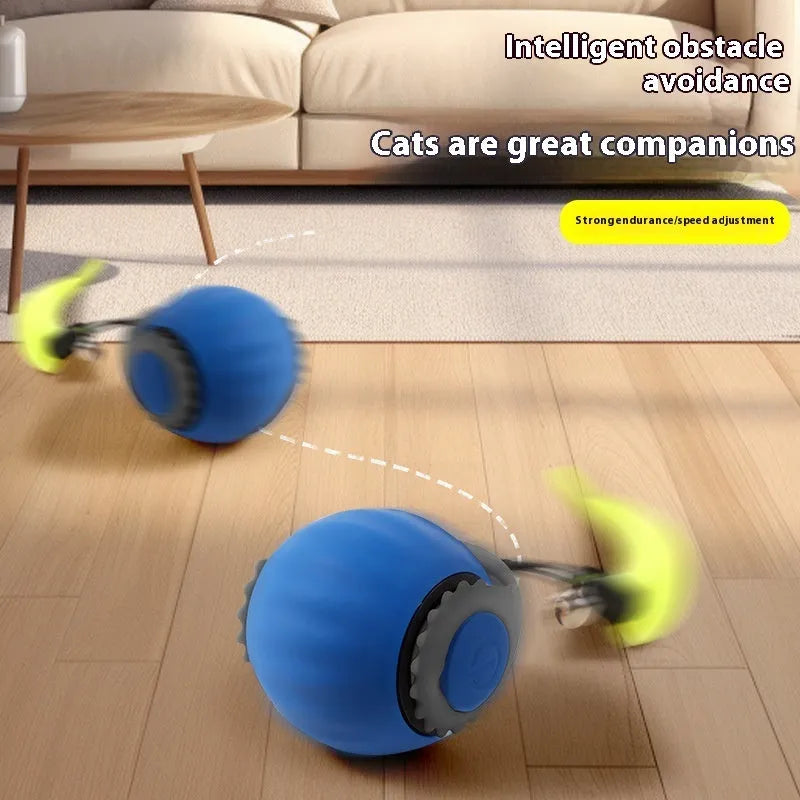 Gravity automatic cat toy with silicone tail and rolling ball in orange and blue colour options