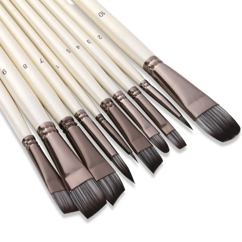 Set of ten pearl white and black nylon watercolour brushes with wooden handles.