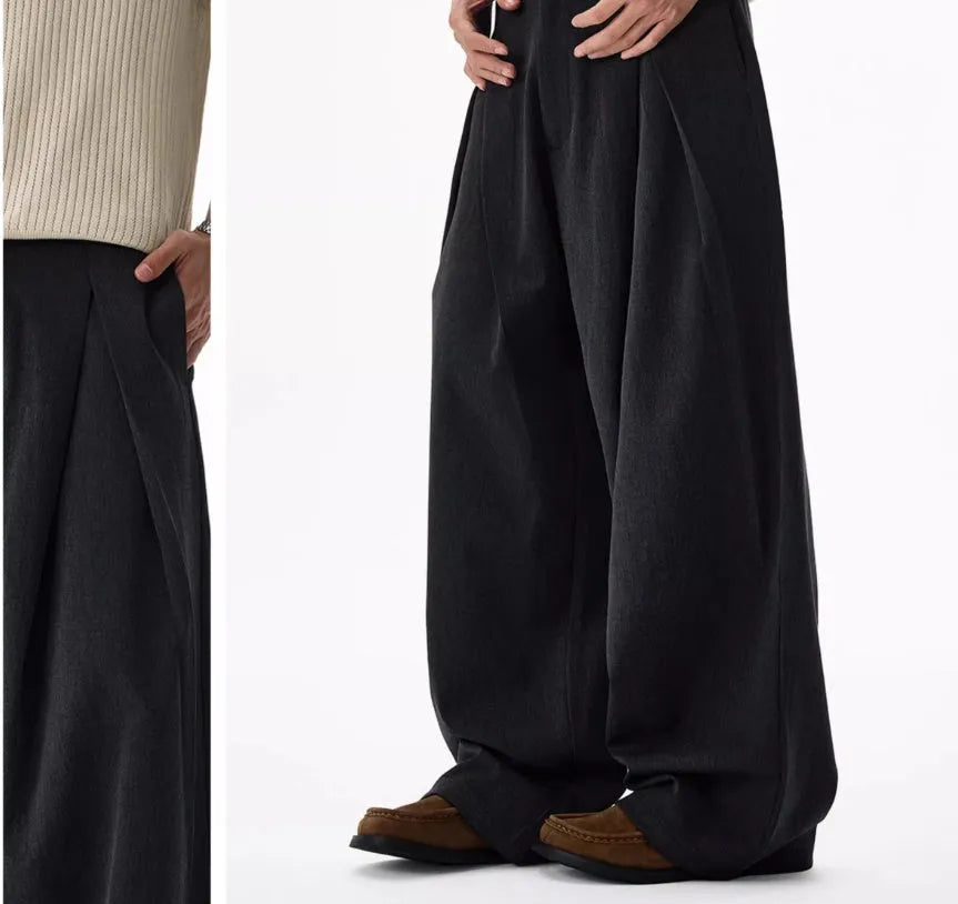 Double pleated profile suit pants for men and women – mid waist straight leg, non-ironing polyester, available in black and dark gray, sizes S to XL