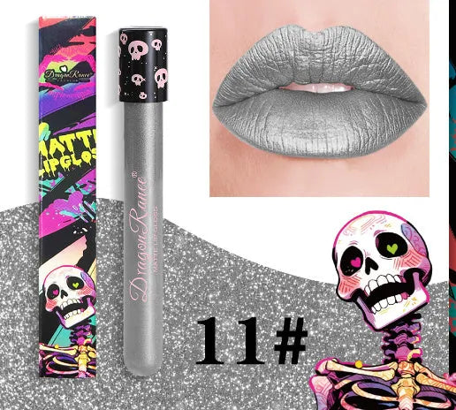 Halloween matte lip gloss in a test tube skull container showing gold and silver shades