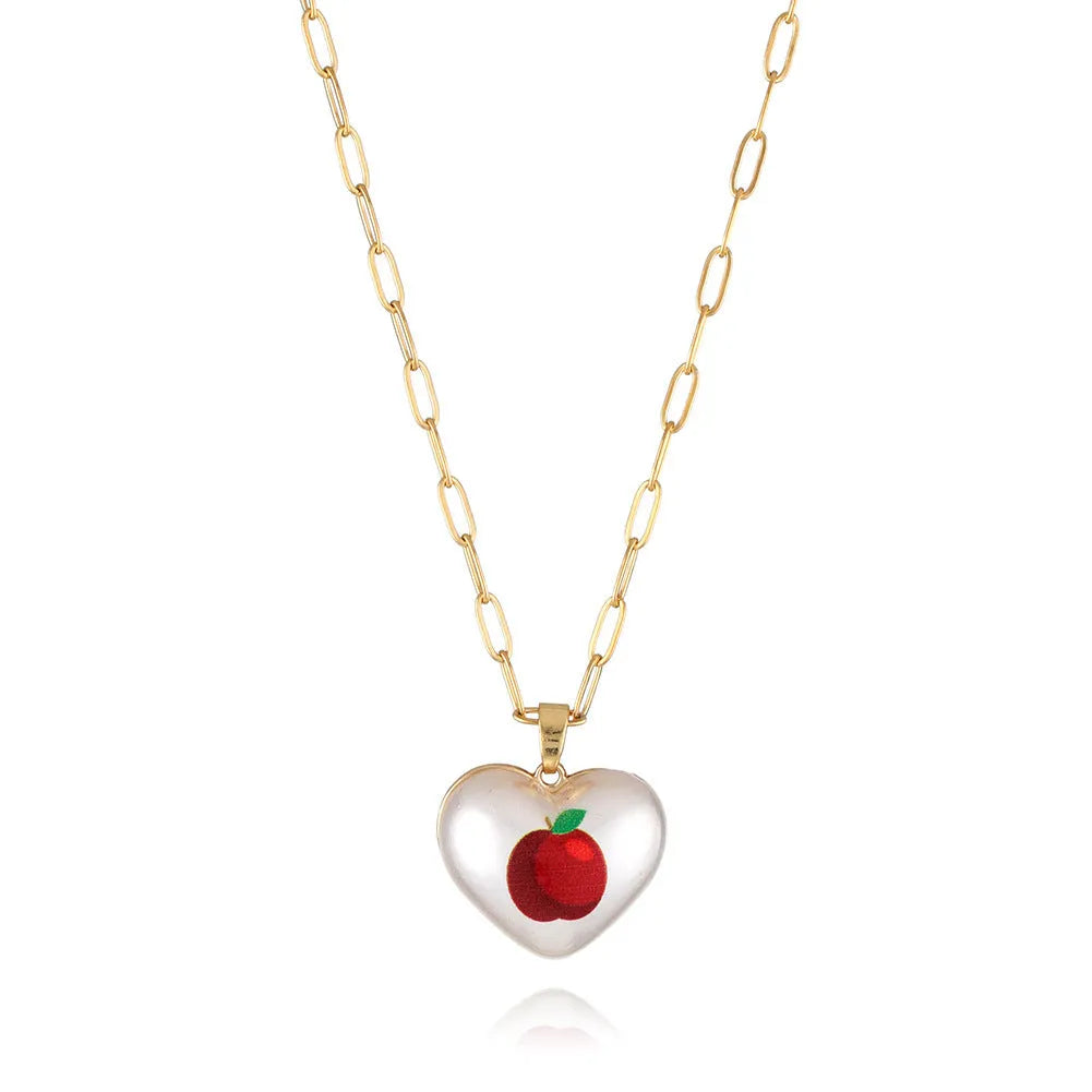 Geometric fruit pendant necklace with adjustable chain showing strawberry pineapple apple pear cherry designs