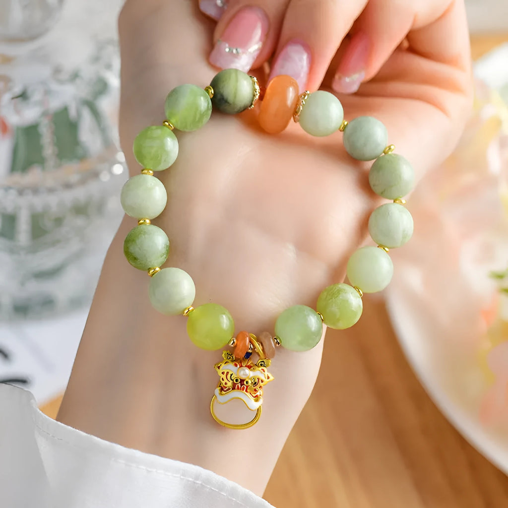 Handmade jade pendant bracelet with green milk-in-water Xingshi stone and 10mm geometry-shaped pendant