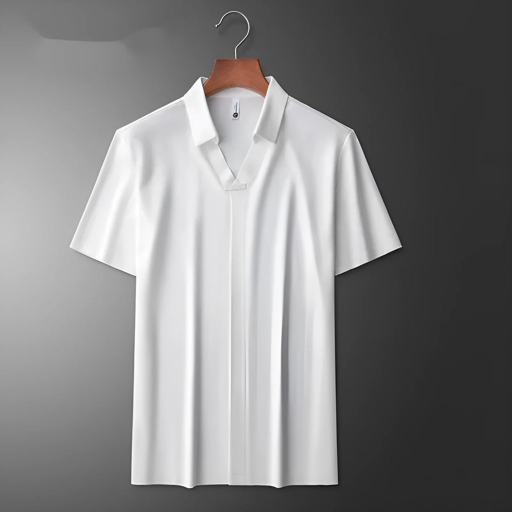 Men's short sleeve lapel polo shirt in cotton blend, slim fit, shown in black, brown, and white.