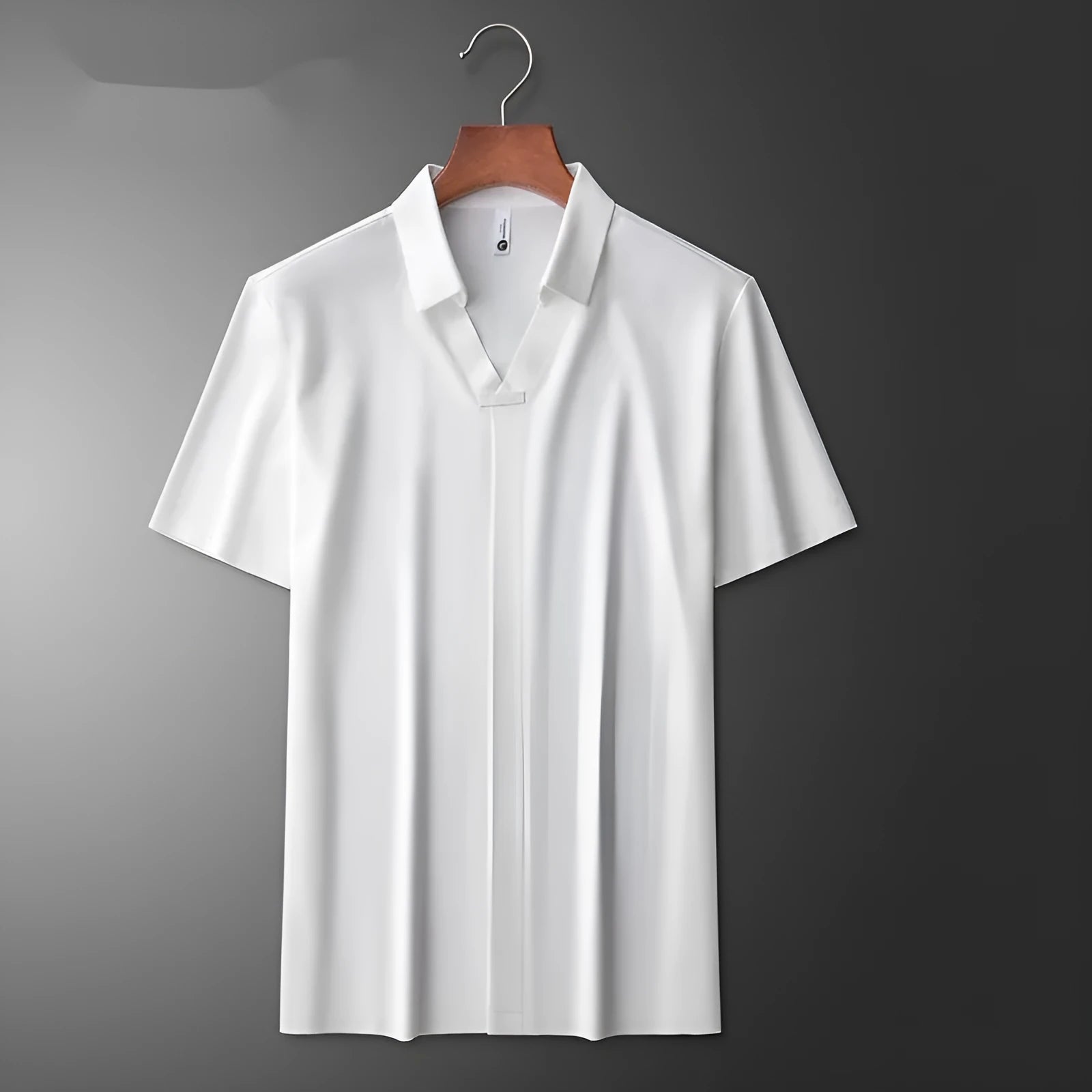 Men's short sleeve lapel polo shirt in cotton blend, slim fit, shown in black, brown, and white.