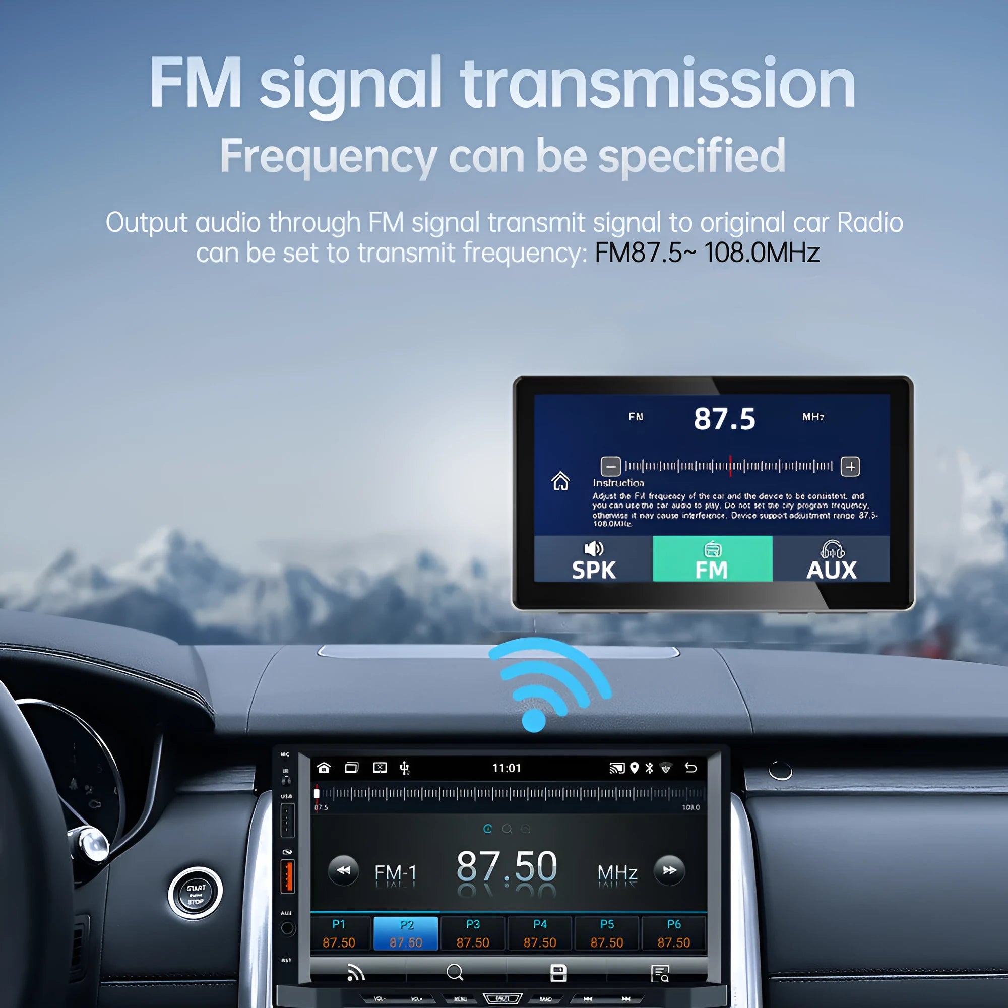 Black 7-inch wireless CarPlay touch screen car dash camera with wide-angle lens.