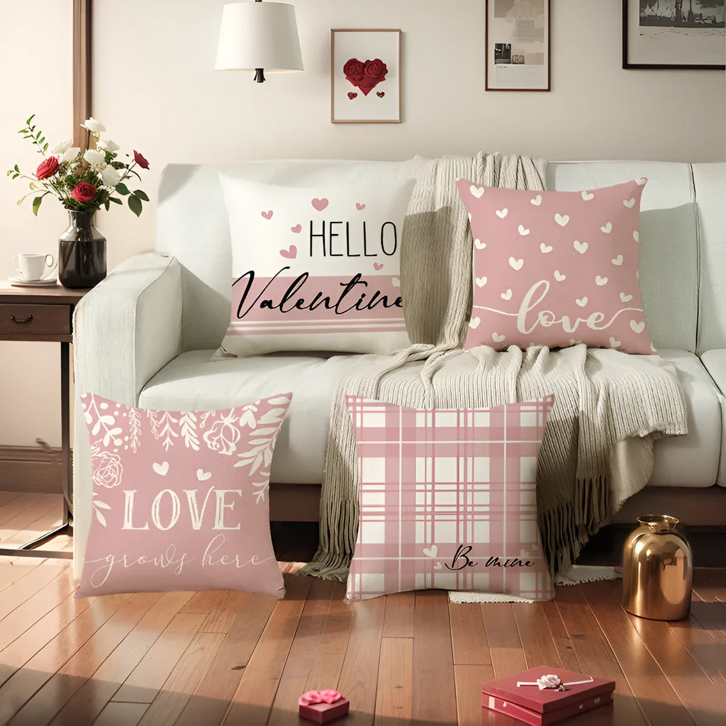 Red and white plaid square pillow with heart pattern on a grey sofa, 45cm pillow cover with insert.