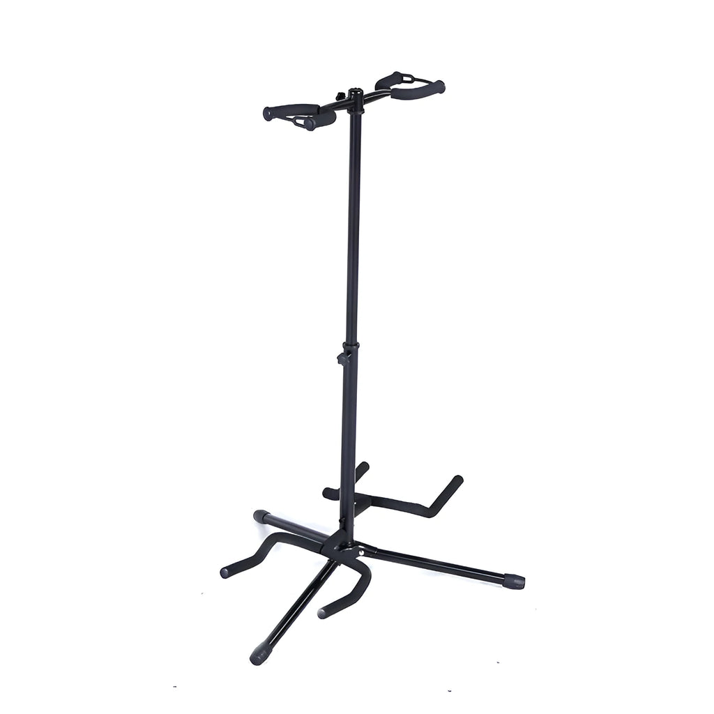 Black iron double-headed adjustable guitar stand for electric and acoustic instruments