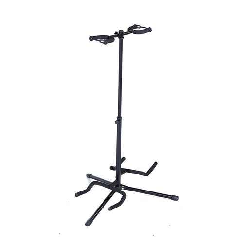 Black iron double-headed adjustable guitar stand for electric and acoustic instruments
