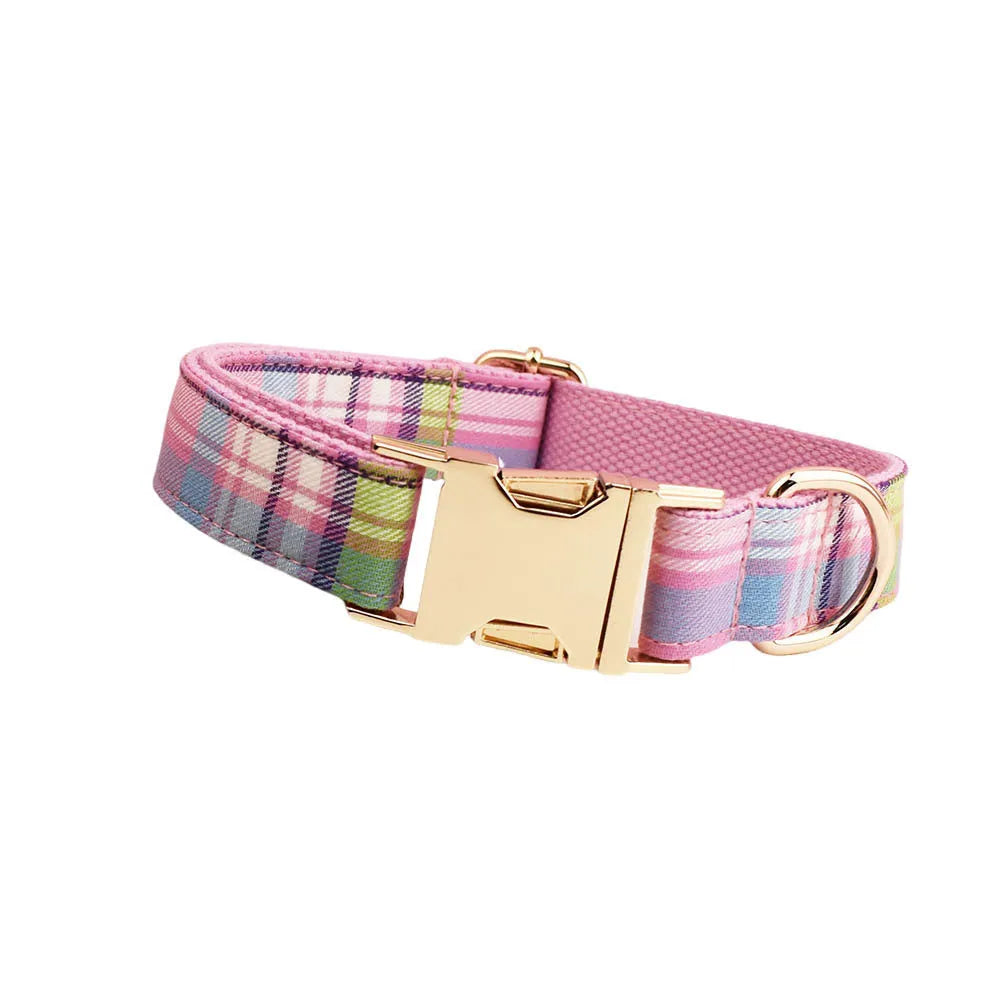 Four-piece dog accessory set showing collar, leash, vest and bow in cloth material
