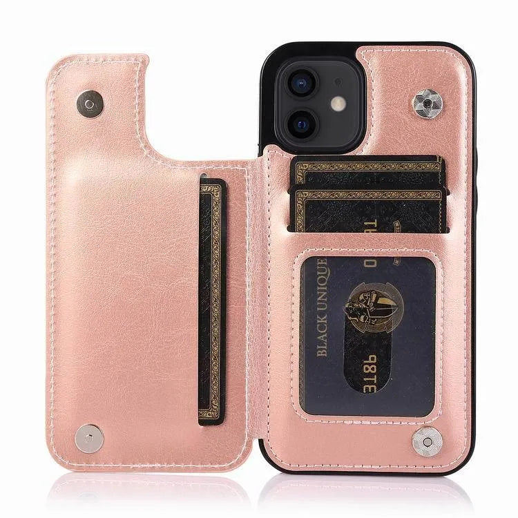 Brown Crazy Horse pattern leather-look iPhone 13 case with a double buckle belt holster attached.