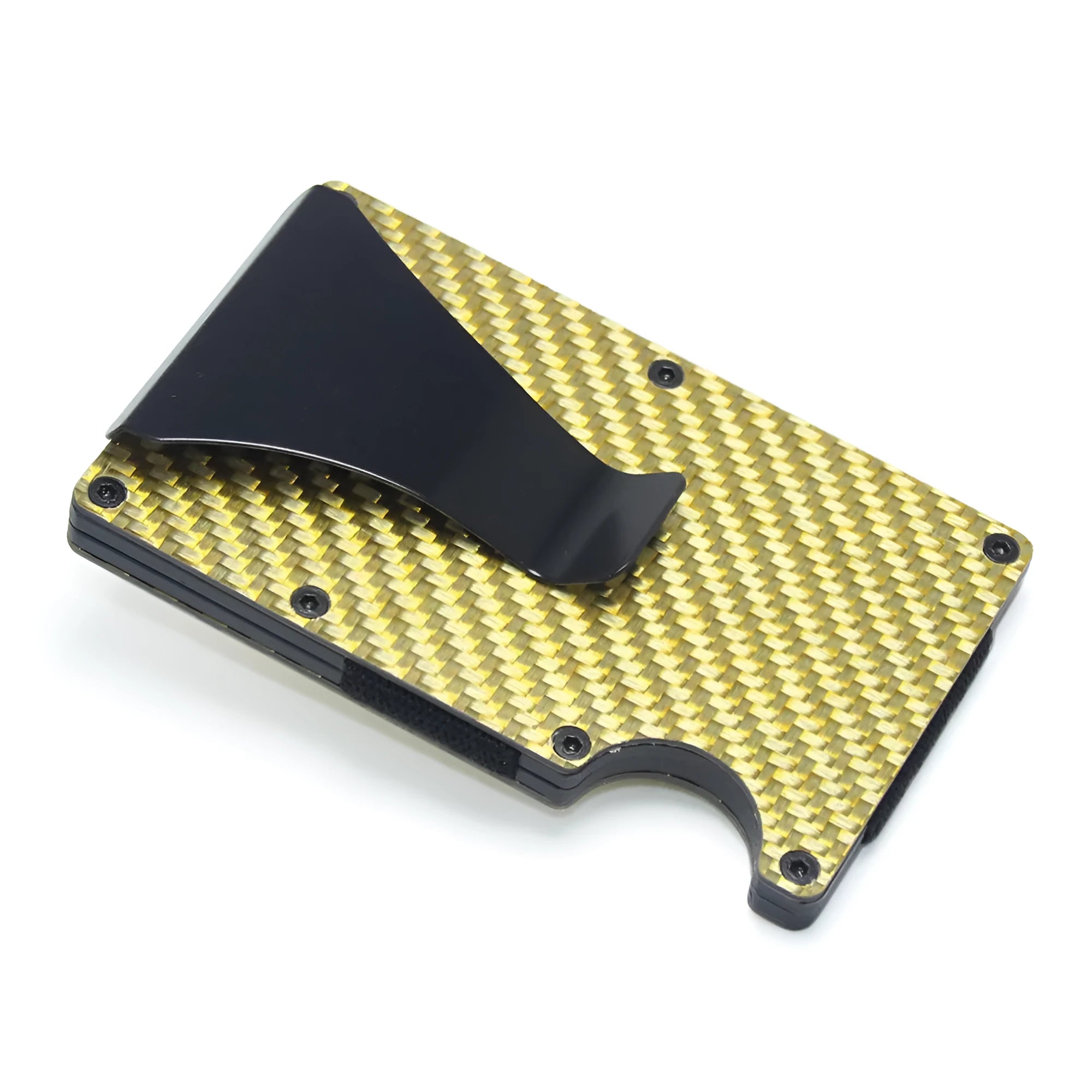 CH6600 slim geometric card holder in black carbon fibre, showing front profile and thickness.