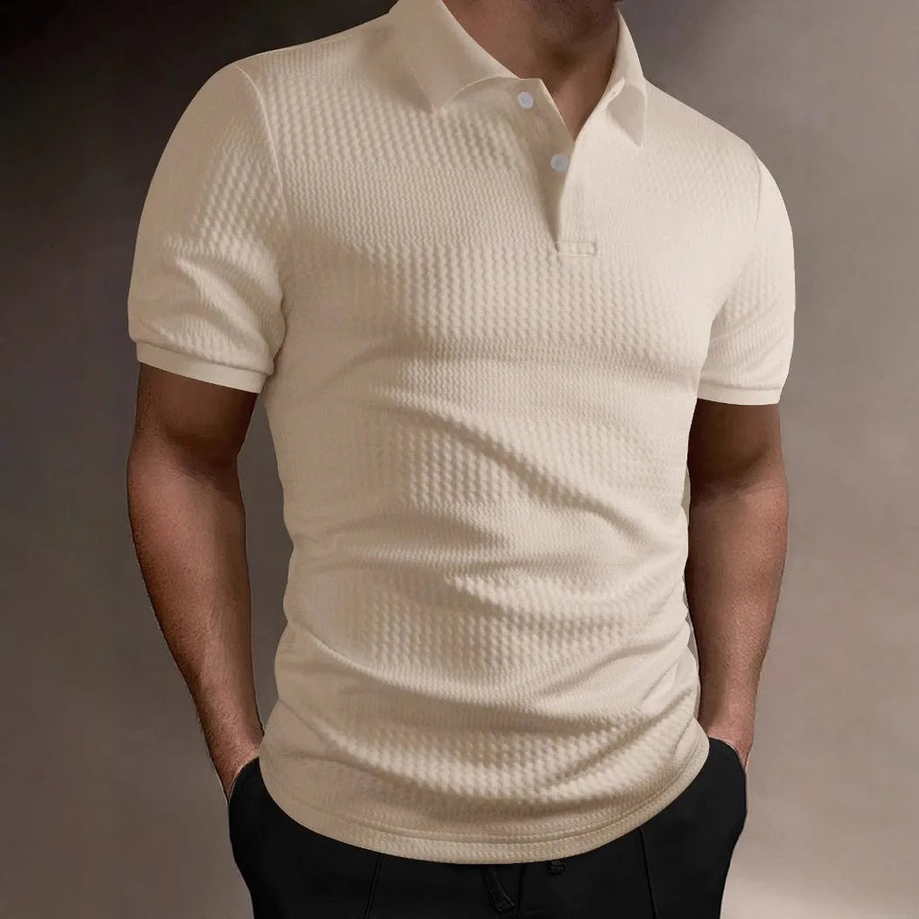 Men's striped loose fit polo shirt in light blue with asymmetric detail and short sleeves