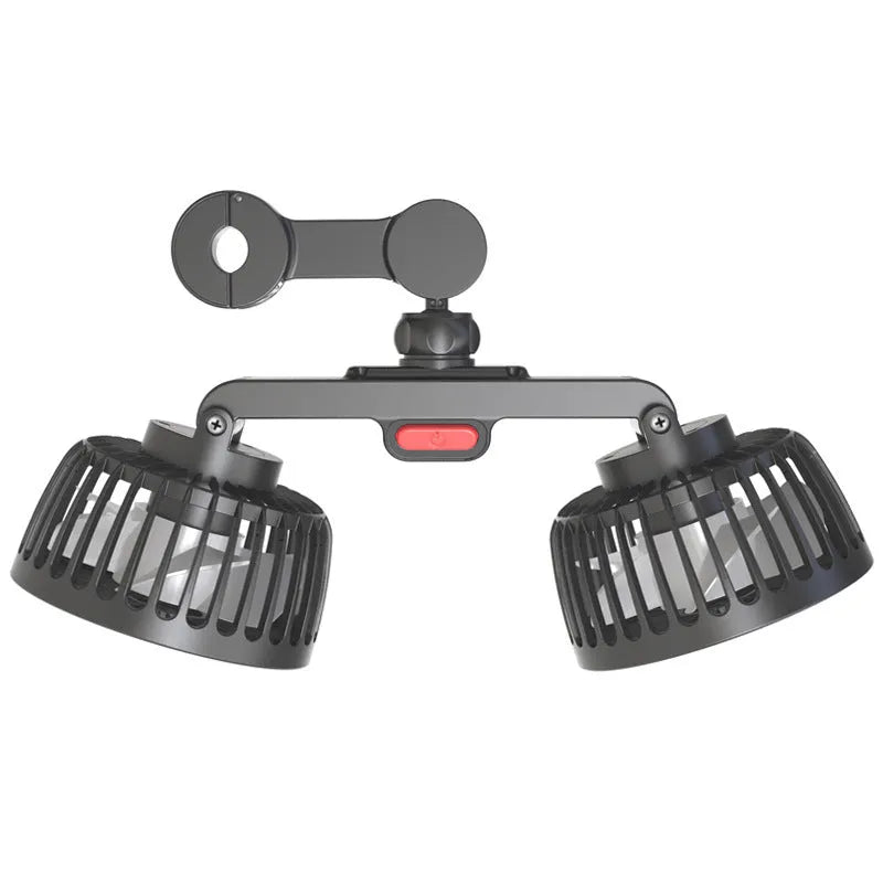 Black car USB rear pillow fan mounted on headrest showing adjustable single head and USB power cable