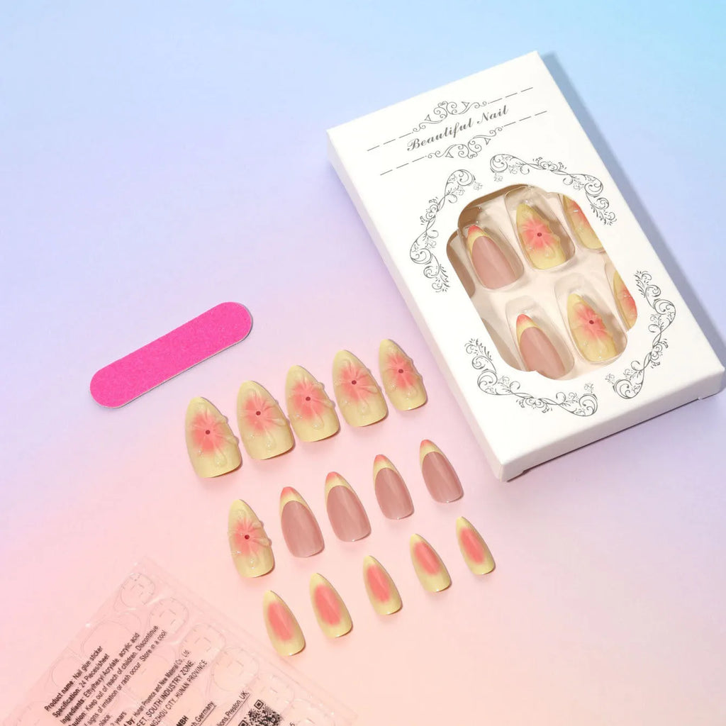 Plastic false nails wearable armour with 3D cartoon flower decoration, jelly glue, and filing strip