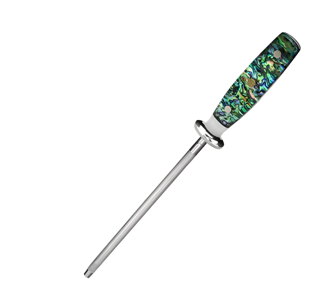 Household manual knife sharpener with abalone shell handle and high carbon steel blade.