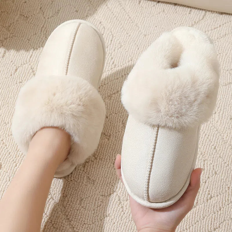 Large cotton slippers for women with cowhide upper, sheared sheepskin lining, non-slip outsole, closed toe, beige colour