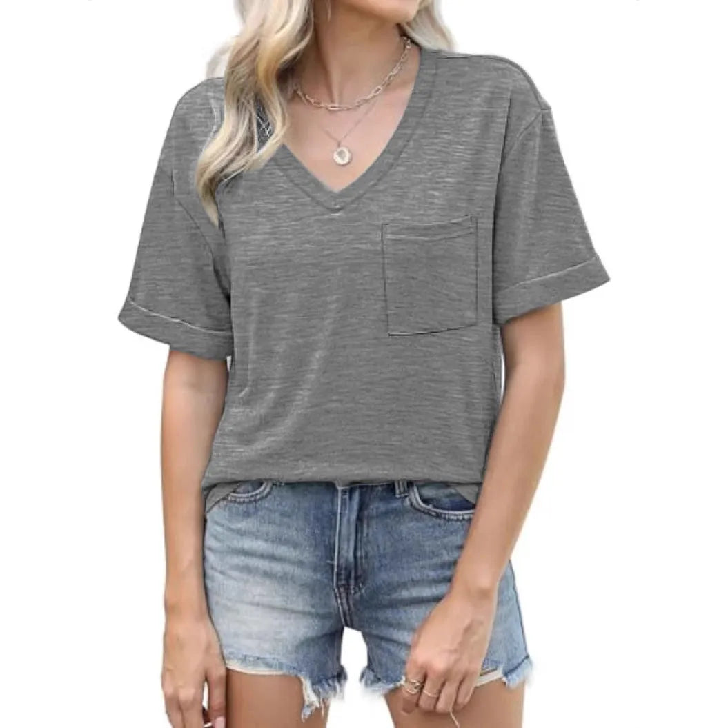 Grey loose-fit men's V-neck t-shirt with a chest pocket on a solid background.