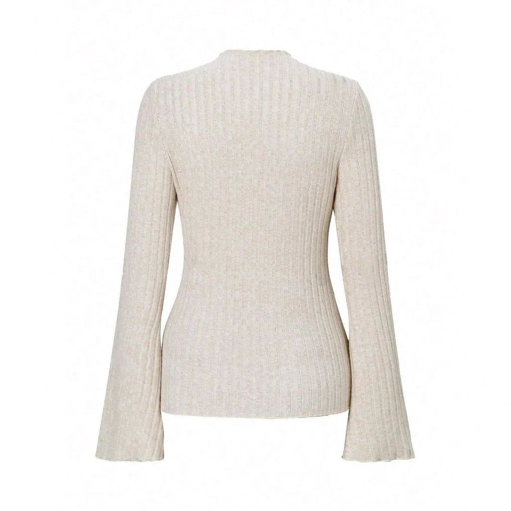 Long sleeve round neck slim fit top in black with lantern sleeves and a subtle sunken stripe pattern.