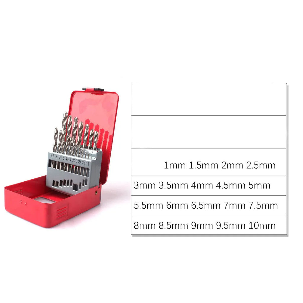 19 25-piece set of high-speed steel twist drill bits with round shank and 118-degree point for wood and metal drilling