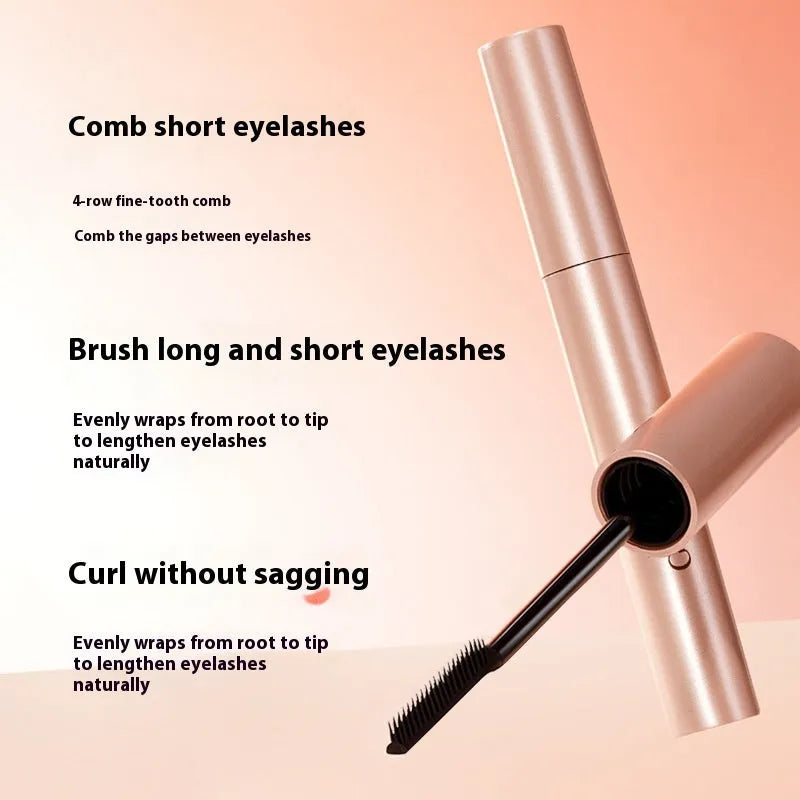 Black mascara in 14cm long tube with curved brush applicator for natural curly lashes