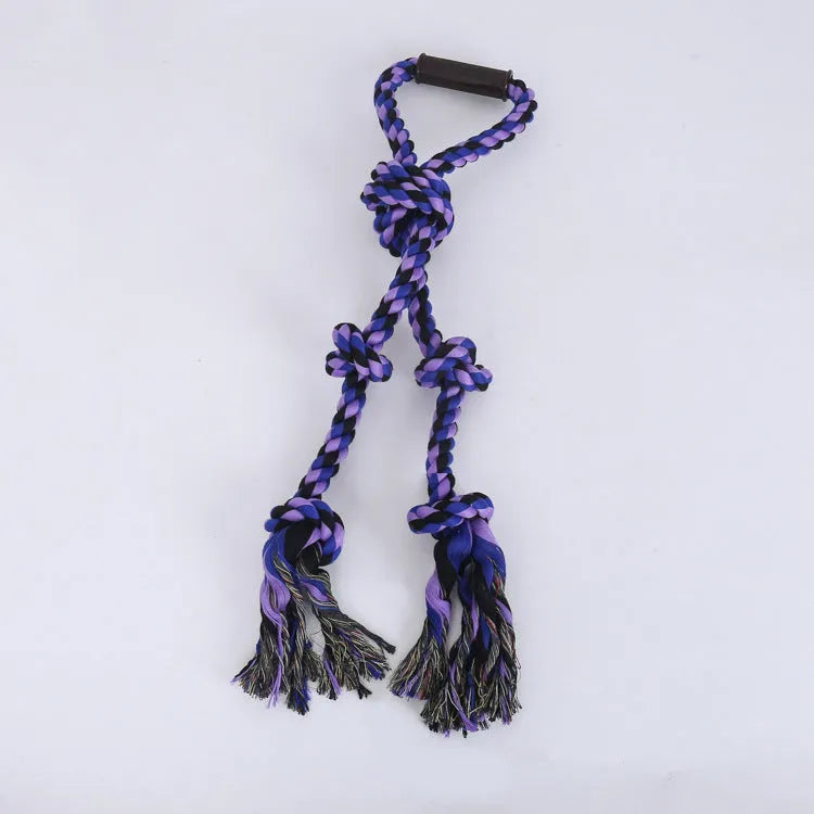 Blue and yellow heavy-duty cotton dog rope toy with a large handle for tug of war.