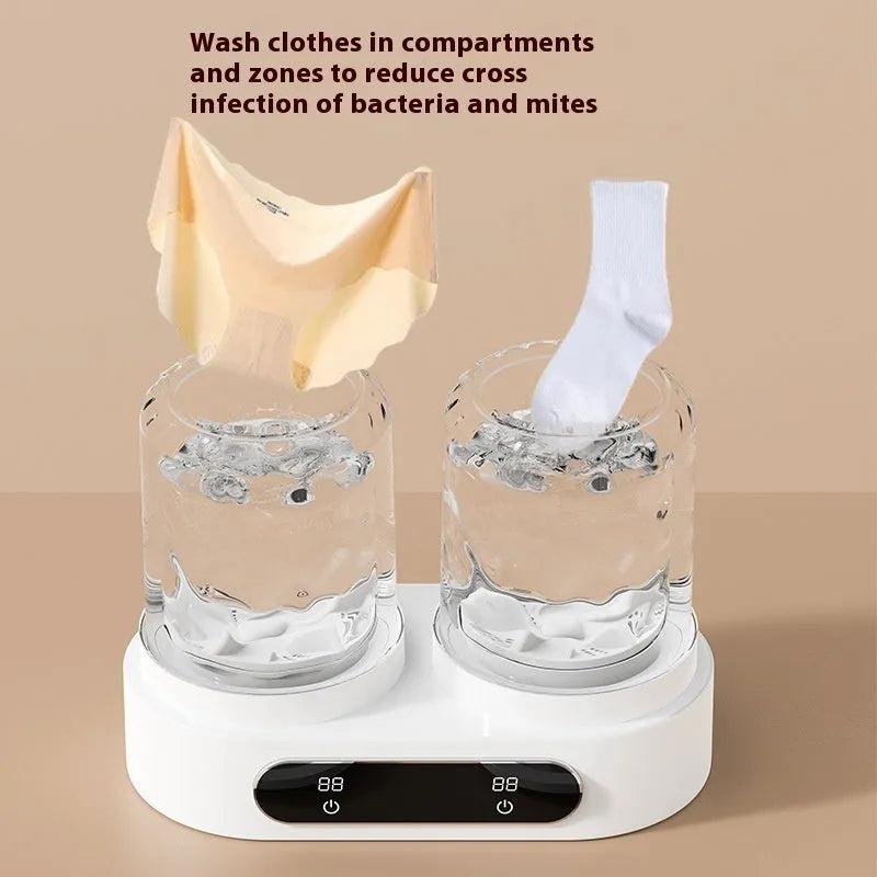 White double bucket USB mini washing machine with two compartments and a mechanical timer on a white background.