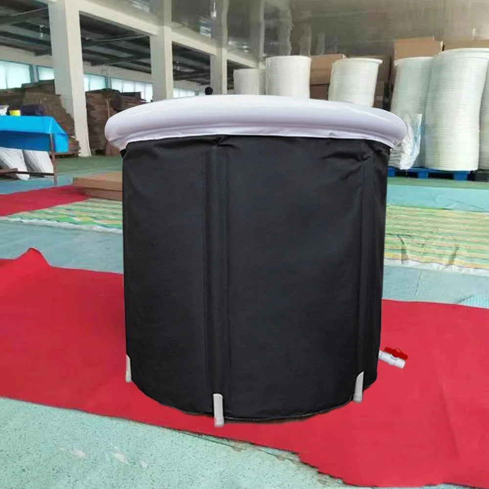 Black inflatable portable ice bath tub with elasticated weather lid, shown at 70x80cm size.