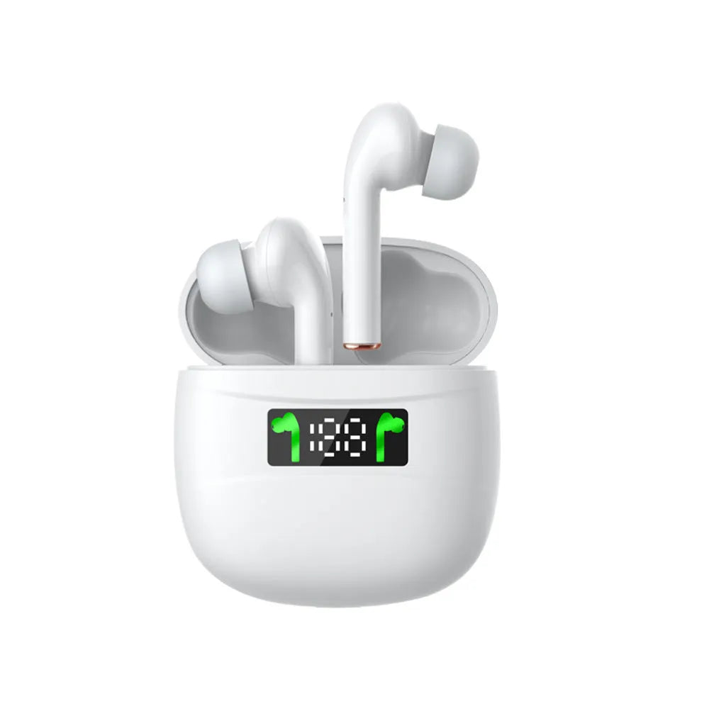 Black Bluetooth headset sports earbuds with earplug style and power display on charging case
